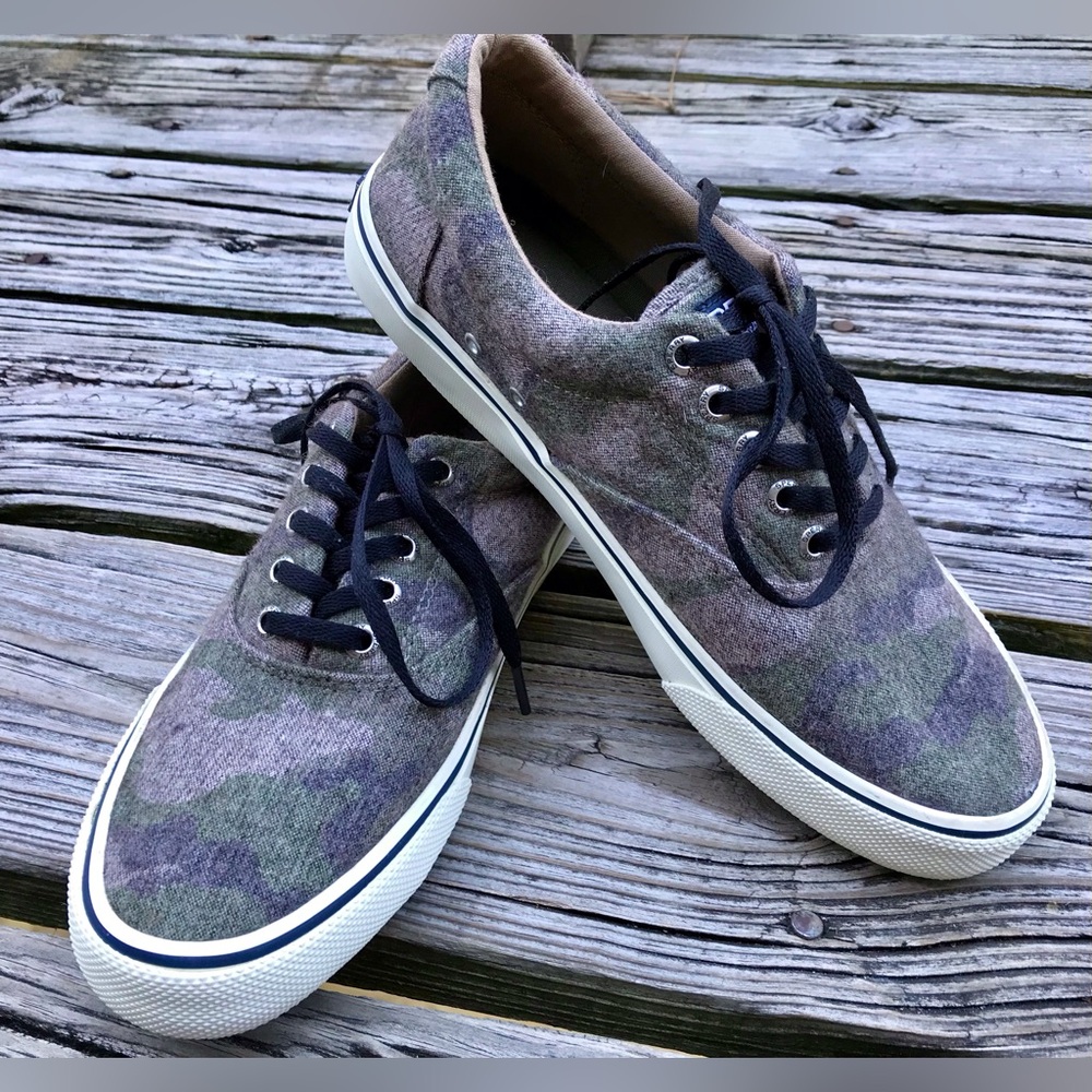 Mens 7.5 Women 8.5 SPERRY Canvas Camouflage Camo Lace Up Sneakers Walking Shoes